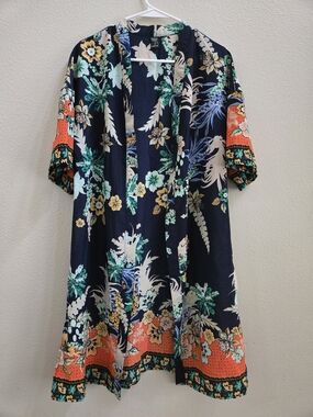 Navy Floral Border Kimono with Coral Accents